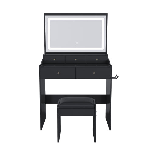 Black Modern Vanity Desk Set, Extra Large 30.3 inch *19.3 inch  LED Mirror, 5 Drawers, Power Outlet & Hair Dryer Holder