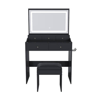 Black Modern Vanity Desk Set, Extra Large 30.3 inch *19.3 inch  LED Mirror, 5 Drawers, Power Outlet & Hair Dryer Holder