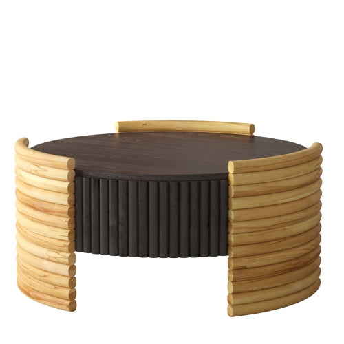 31.5inch  Round Flip-Top Coffee Table, Colorblock Striped MDF with Wood Veneer