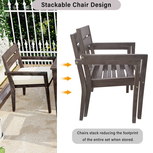 7 Pieces Acacia Wood Outdoor Dining Set with Cushions,Modern 6 Chairs and 1 Large Table, Dining Furniture Set for Lawn, Backyard, Garden Deck,Poolside