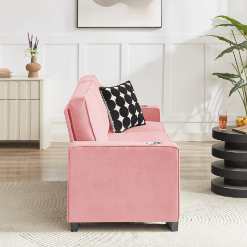 Pink 83.86-Inch Modern Compressed 3-Seater Snow-Fleece Sofa with Dual-Side Cup Holders