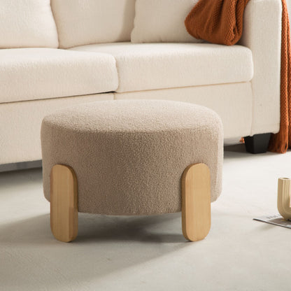24.8 inch Round Soft Fabric Ottoman, Natural Wood Leg Multifunctional Footrest Extra Seat for Home Office