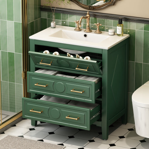 30'' Bathroom Vanity with Ceramic Sink Combo, Free Standing Single Vanity Set with 3 Drawers, Solid Wood Frame Bathroom Storage Cabinet, Green