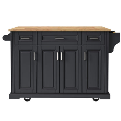 54 Inch Rolling Kitchen Island with Drop Leaf Drawers & Wheels Black