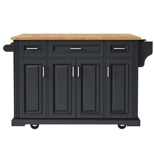 54 Inch Rolling Kitchen Island with Drop Leaf Drawers & Wheels Black