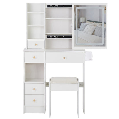 29.2" Small Size Drawer Desktop Vanity Table + Cushioned Stool, 2 AC+2 USB Power Station, Hair dryer bracket, Extra Large Touch Control Sliding LED Mirror, 3-color Switching, EPA, GCC, UL Certificate