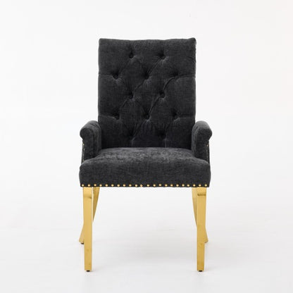 Single Black Tufted High-Back Chenille Arm Dining Chair, Nailhead Trim, S-Spring Cushion, Polished Stainless Steel Legs