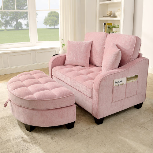 Pink 2-Seater Sofa Chaise, Irregular Armrest, Storage Footrest & 2 Pillows