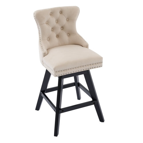 Swivel Velvet Barstools with Button Tufted Decoration and Wooden Legs, and Chrome Nailhead Trim, Leisure Style Bar Chairs,Bar stools, Set of 2 (Beige)