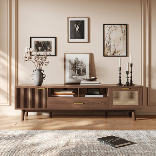 66.9 Inch Dark Brown Rattan TV Stand with Soft-Closing & Drop-Down Doors for 75 Inch TV