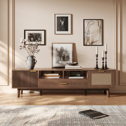 66.9 Inch Dark Brown Rattan TV Stand with Soft-Closing & Drop-Down Doors for 75 Inch TV