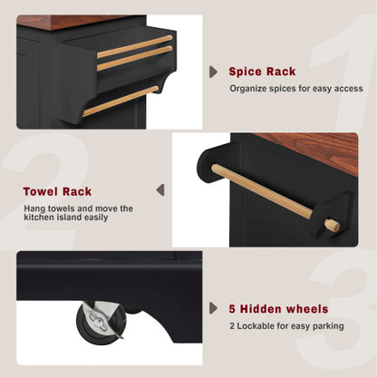 53 Inch Rolling Kitchen Island with Thick Top Drawers & Spice Rack Black