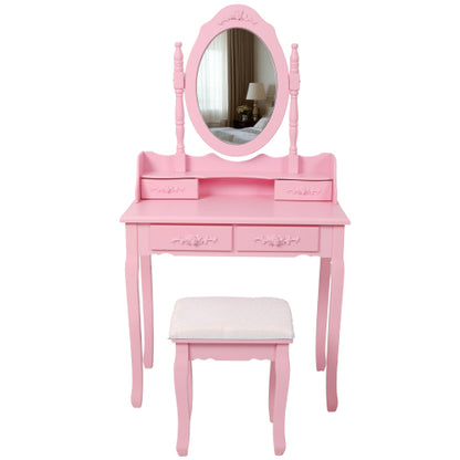Pink Princess Vanity Desk Set with Mirror & Cushioned Stool, 4-Drawer Wooden Makeup Vanity Table for Girls' Bedroom, Dressing Table with Ample Storage