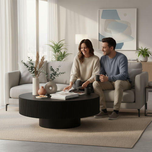 Black Fluted Round Pedestal Coffee Table, Mid Century Modern