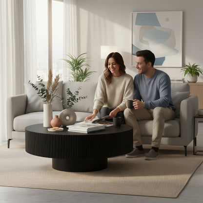 Black Fluted Round Pedestal Coffee Table, Mid Century Modern