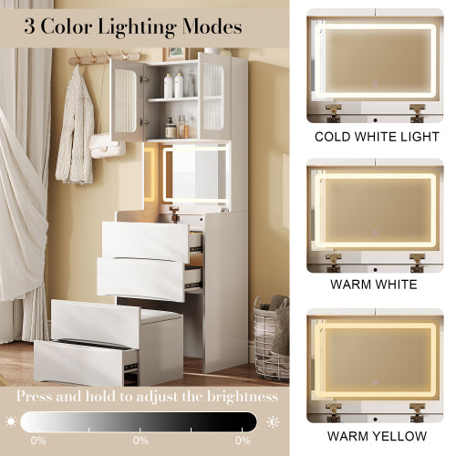 3-in-1 Vanity Table with LED Mirror & Storage Stool, Flip Top Makeup Desk, 5 Storage Spaces, Adjustable Lights, White