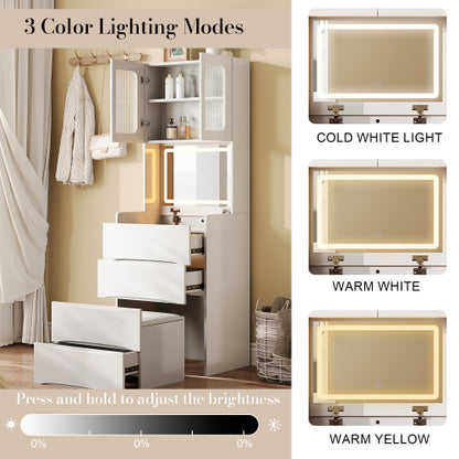 3-in-1 Vanity Table with LED Mirror & Storage Stool, Flip Top Makeup Desk, 5 Storage Spaces, Adjustable Lights, White