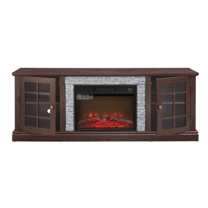 70 Inch TV Stand with Electric Fireplace Cherry Faux Stone Media Console