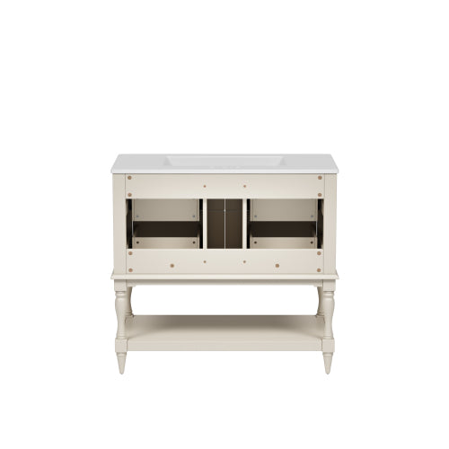 36" Bathroom Vanity Cabinet with Sink Combo Set, Undermount Ceramic Sink, Free Standing Vanity Set with 4 Drawers, Solid Wood Frame Bathroom Cabinet, Beige