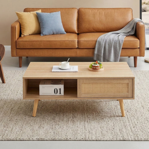 41.34inch  Rattan Rectangular Coffee Table with Sliding Door, Natural