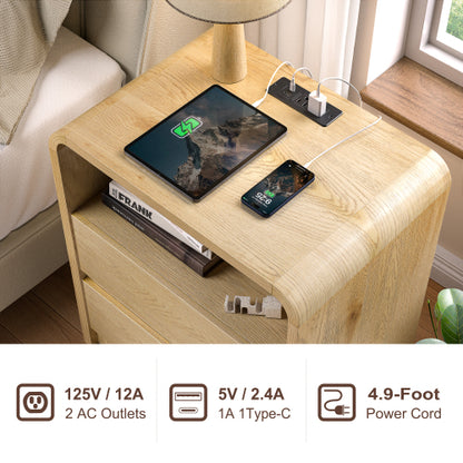 Natural Smooth 2-Drawer Nightstand with Charging Station, Mid-Century USB Side Table