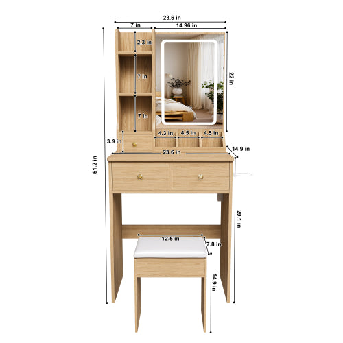 Modern Small Vanity Desk w/ 3-Color LED Mirror, 3 Drawers, Power Outlet, Hair Dryer Holder & Chair, Black