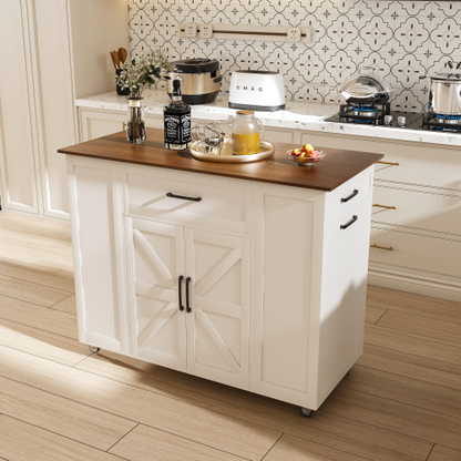 46 inch Kitchen Island on Wheels with Storage & Power Outlet - Movable Rustic Breakfast Bar Table, Wood Top with Adjustable Shelf & Drawer for Kitchen Dining Living Room, White