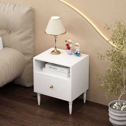 Modern White Nightstand with Drawer and Open Shelf, Bedside Table with Gold Knob, Solid Wood Legs, Small End Table for Bedroom, Living Room