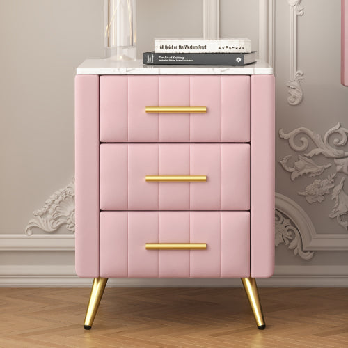 Upholstered Wooden Nightstand with 3 Drawers and Metal Legs&Handles, Bedside Table with Marbling Stickers Worktop - Pink