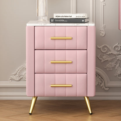 Upholstered Wooden Nightstand with 3 Drawers and Metal Legs&Handles, Bedside Table with Marbling Stickers Worktop - Pink