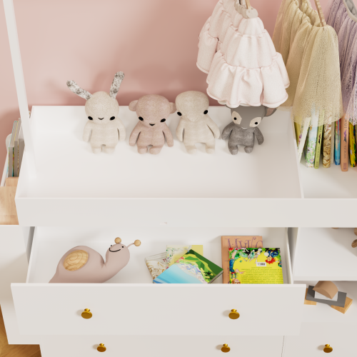 Modern Table Dresser,Baby Dressing Table with 3 extra deep Drawers and Storage Shelves and Hangers, Multi-Functional Baby Changing Table with Drying Rack for Nursery, White
