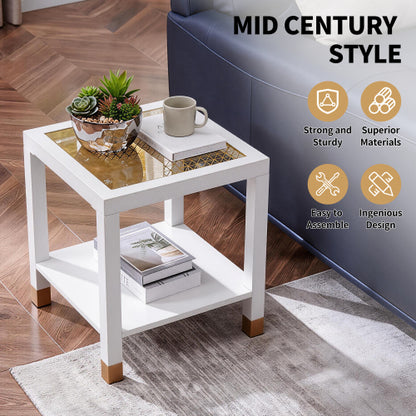 Modern Glass End Table with Metal Frame, 2-Tier Square Side Table for Living Room Bedroom Office, White