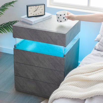 Grey 4-Drawer LED Nightstand with Adjustable Lights