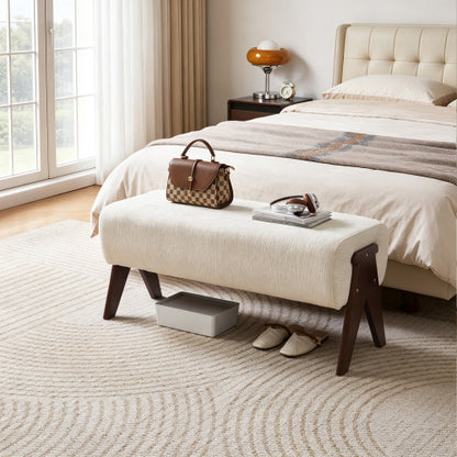 Cream Chenille Upholstered Ottoman Bench, Solid Wood V-Shaped Leg Entryway Shoe Bench for Bedroom & Foyer