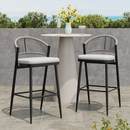 Outdoor 30.25" Seat Height Metal Frame Barstools with PE Rattan Scallop-shaped Backrest, Set of 2, Matte Black