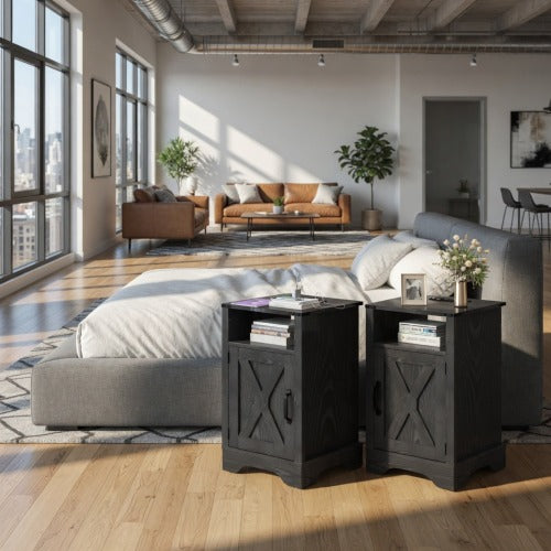 Set of 2 Farmhouse Nightstands with Charging Station, Black Storage Side Tables 16inch x 16inch x 25inch