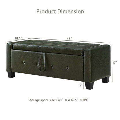 48'' Storage Ottoman Bench Tufted Faux Leather Upholstered Bench Dark Green