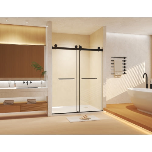 Frameless Double Sliding Shower Door 56-60 "W x 74" H, 5/16 "(8mm) Tempered Glass, Explosion Proof Film, Stainless Steel Handle, Square Tube Track, Matte Black