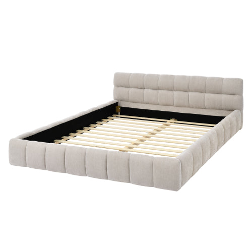 Queen Size Upholstered Bed Frame with Thick Fabric, Chenille Fabric Grounded Queen Size Platform Bed with Headboard and Solid Frame. No Box Spring Needed, Beige(68inch *86.5inch *23.5inch )