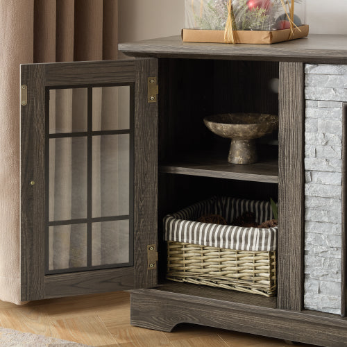 58 Inch Grey Faux Stone Two-Door TV Media Console Adjustable Shelves 6 Cable Holes Fits TVs Up To 65 Inch