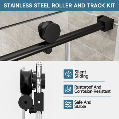 56"-60" W x 76" H Frameless Single Sliding Soft-Close Matte Black Shower Door with 5/16" (8mm) Clear Nano-Coated Tempered Glass and Stainless Steel Handle