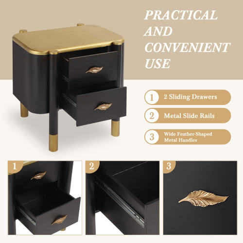 Black Curved Nightstand, 2-Drawer Bedside Table with Feather-Shaped Metal Handles & Tall Legs