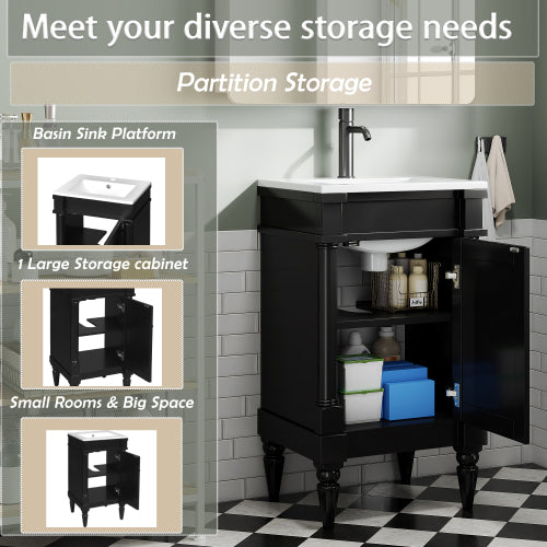 18-Inch Modern Bathroom Vanity with Sink, Modern Bathroom Storage Cabinet with Door, Freestanding Small Space Bathroom Cabinet, Single Sink Cabinet with Adjustable Shelf, Black