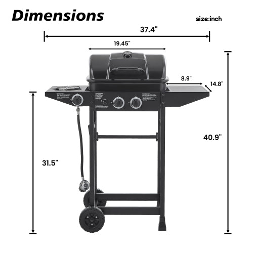 2 Burner BBQ Propane Gas Grill with Side Burner 24000 BTU Output Stainless Steel Barbecue Grill with Enameled Grates and Side Tables for Outdoor Cooking Kitchen and Patio Backyard