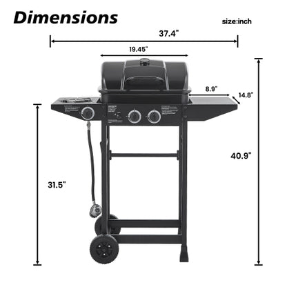 2 Burner BBQ Propane Gas Grill with Side Burner 24000 BTU Output Stainless Steel Barbecue Grill with Enameled Grates and Side Tables for Outdoor Cooking Kitchen and Patio Backyard
