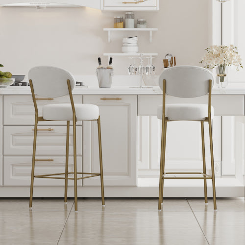 29inch  Upholstered Bar Stools Velvet Counter Stool with Backrest & Footrest Set of 2 Round Dining Chairs for Kitchen(Creamy White)