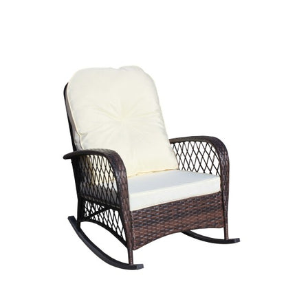 Outdoor Wicker Rocking Chair with Wide Seat, Thick, Soft Cushion, Rattan Rocker w/Steel Frame, High Weight Capacity for Patio, Garden, Backyard, Beige Cushion