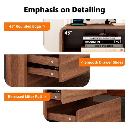 Walnut Curved Nightstand, 25inch Tall Handle-Less Bedside Table with Drawers & Charging Station