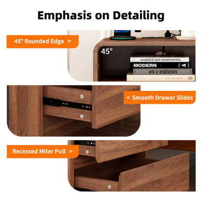 Walnut Curved Nightstand, 25inch Tall Handle-Less Bedside Table with Drawers & Charging Station