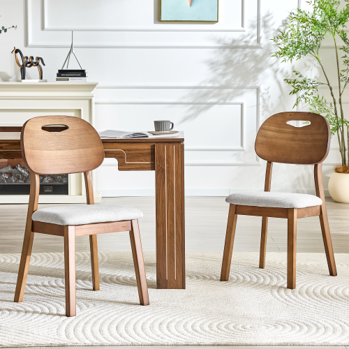 Set of 2 Walnut Solid Wood Dining Chairs, Hollow Back Chairs with Gray Fabric Cushion
